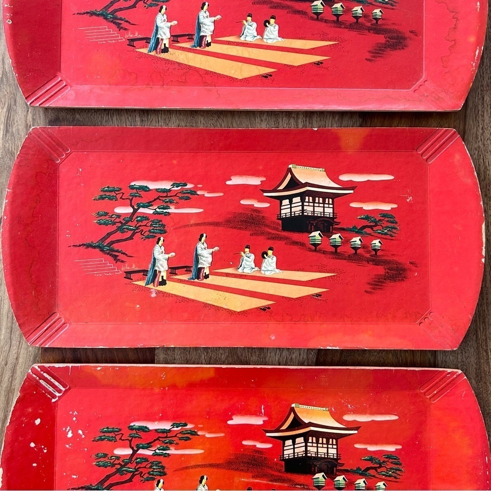 Vintage Hasko wood veneer lap trays red Asian scene MCM 50s set of 3